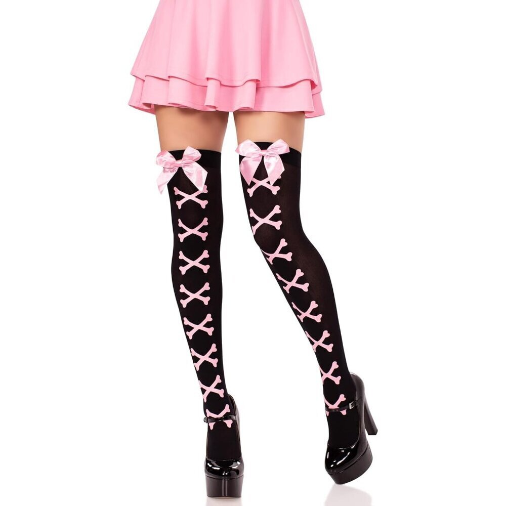 Women’s Opaque Thigh High Socks Black Pink Bow Cross Bone Pattern